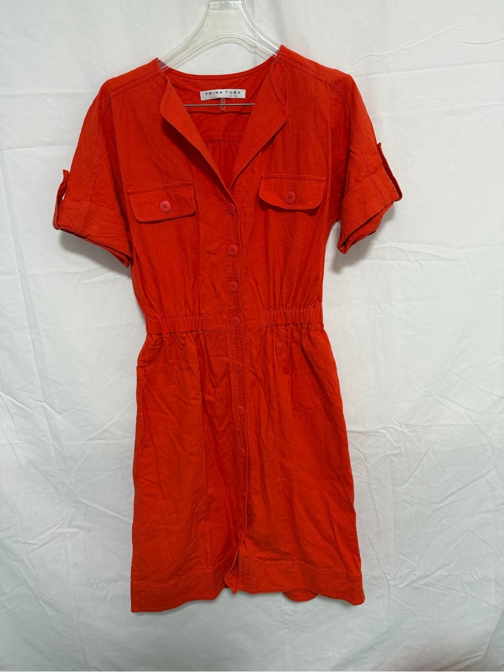 Trina Turk Bright Red Short Sleeve Button Romper Dress